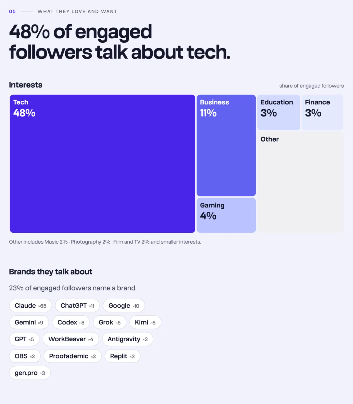 Interests chapter of a Tokfluence audience report: interest shares and the brands engaged followers name