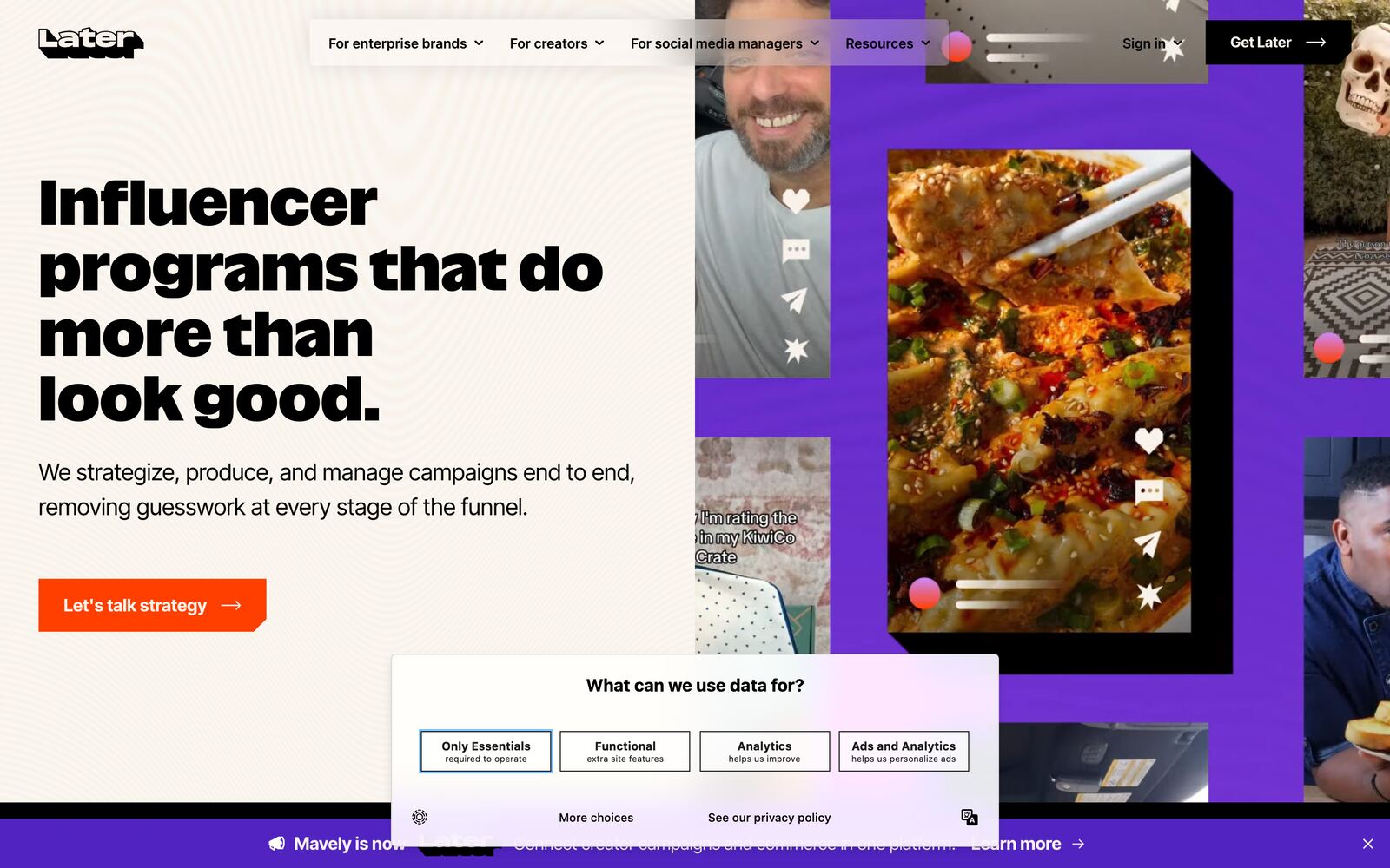 The Later Influence marketing site, showing the influencer marketing platform positioning with a demo request rather than pricing