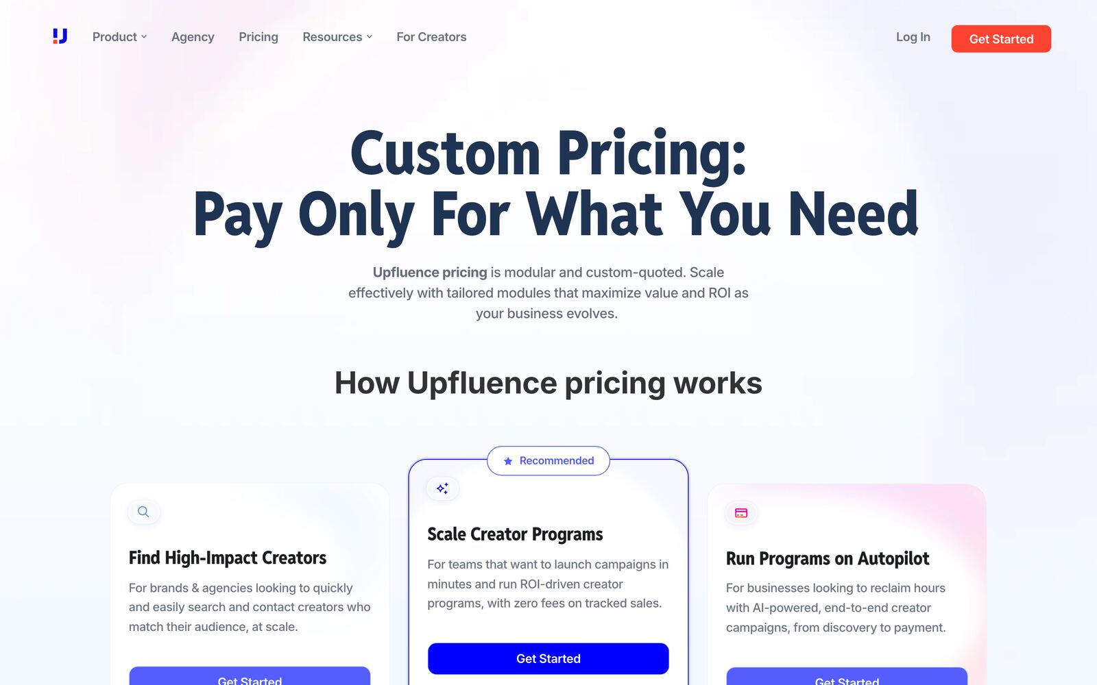The Upfluence pricing page, which describes modular custom-quoted pricing and directs visitors to book a demo rather than listing plan prices