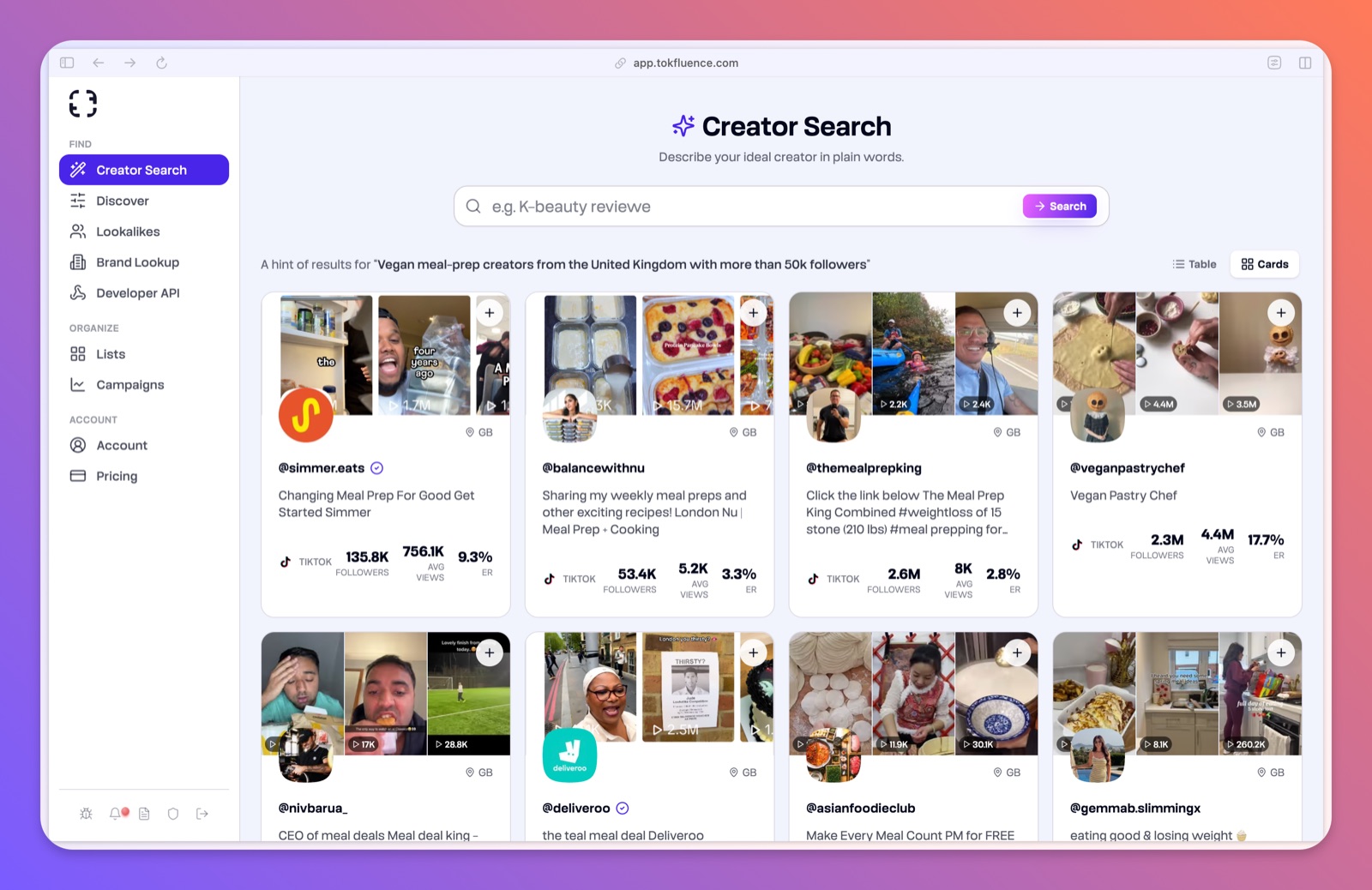 Tokfluence Creator Search returning vegan meal-prep creators in the UK, each card showing followers, average views and engagement rate