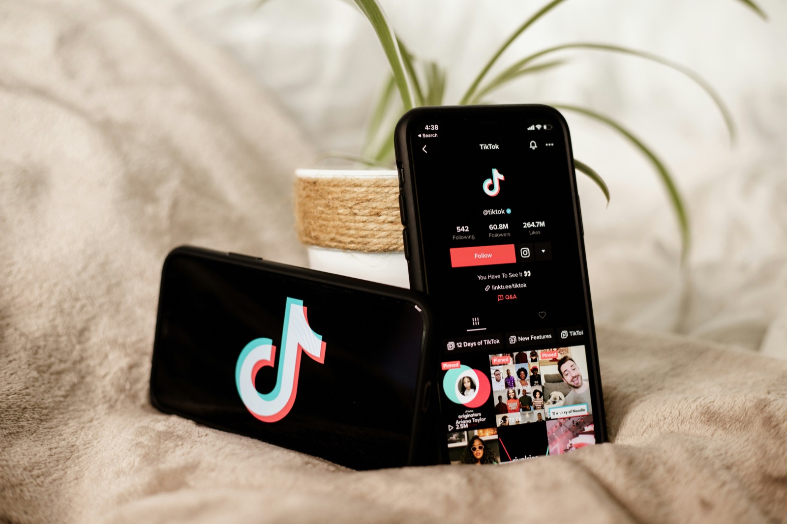 A phone showing a TikTok creator profile beside a second phone displaying the TikTok logo