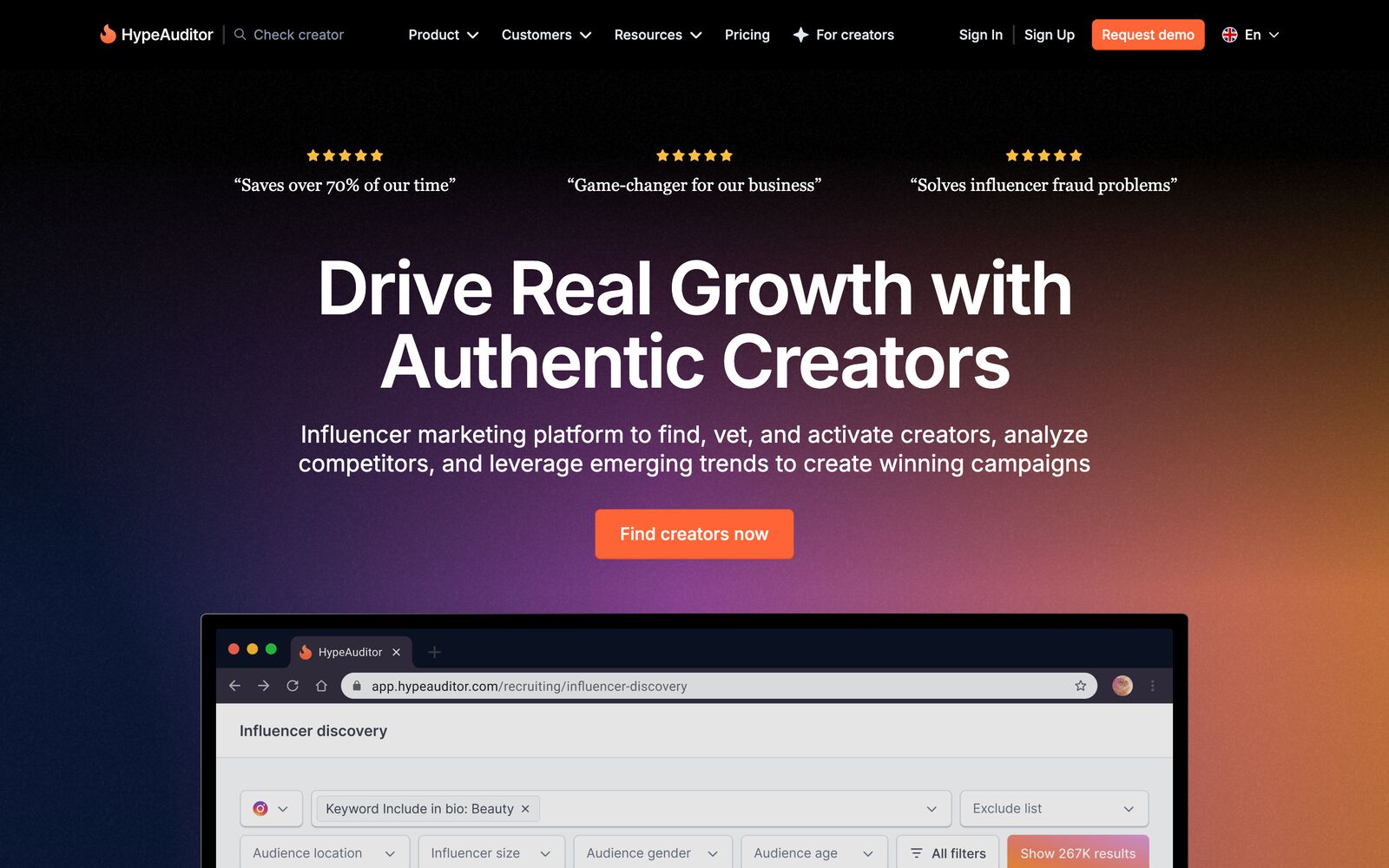 The HypeAuditor homepage, headlined Drive Real Growth with Authentic Creators, with a Request demo button in the navigation and no pricing shown