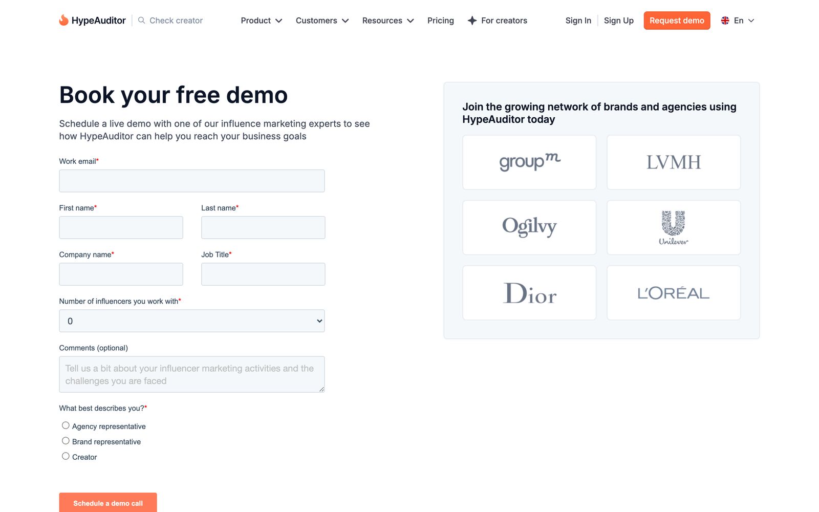 The HypeAuditor pricing page, which shows a Book your free demo form asking for work email, company name, job title and number of influencers, with no prices listed anywhere