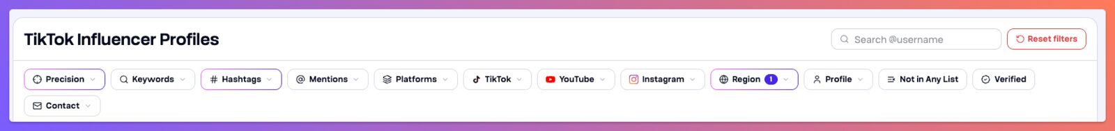 The Tokfluence creator search filter panel, showing follower range, engagement rate, country, language and contact availability filters