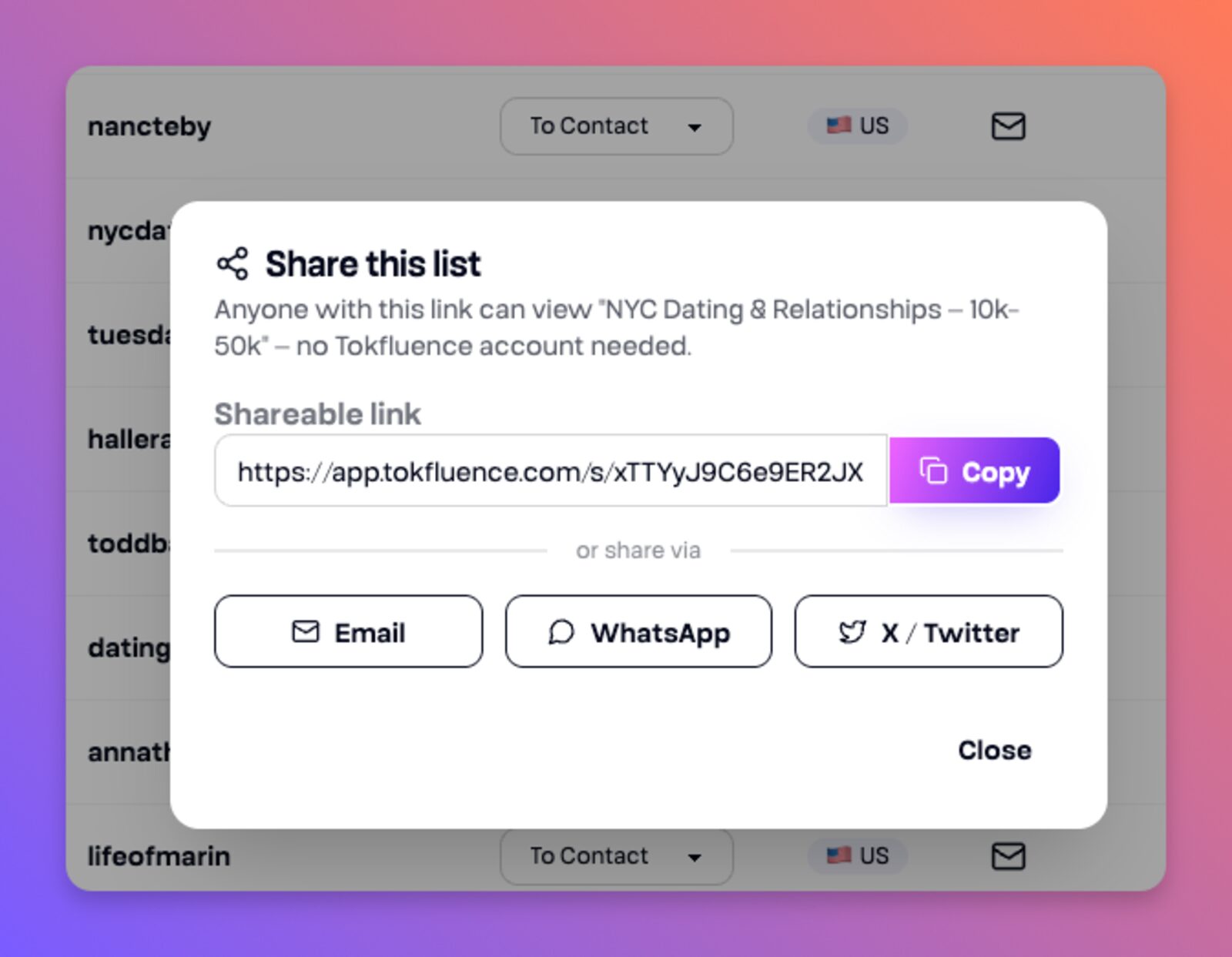 A shared Tokfluence creator list open in a browser, showing selected creators with follower counts and engagement rates, viewable without a login