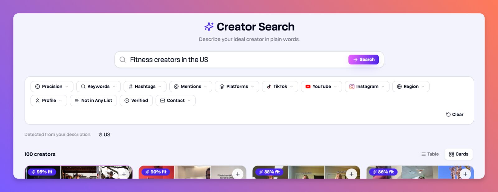 Tokfluence creator search results for fitness creators in the United States, each row showing follower count, engagement rate, average views and a contact email