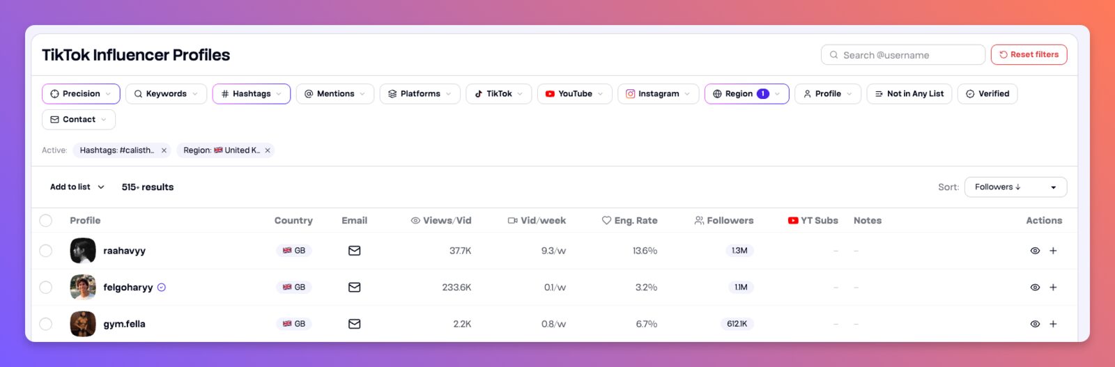 Tokfluence discover results for calisthenics creators in the USA, each row showing follower count, engagement rate and average views