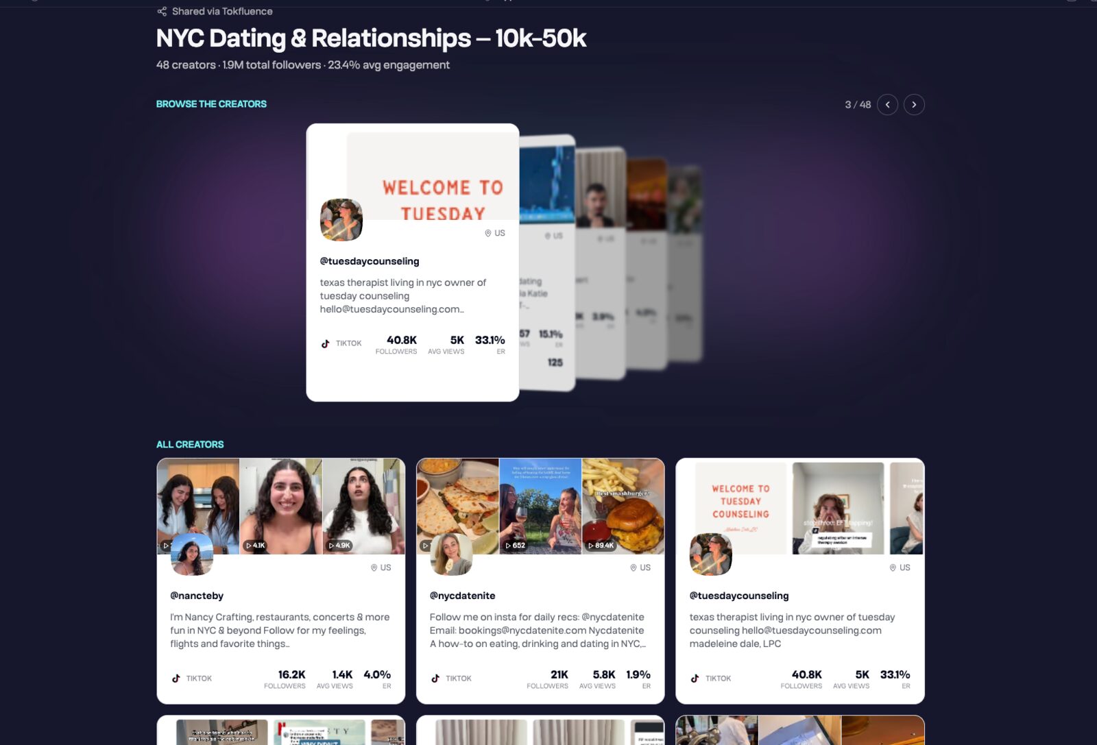 A shared Tokfluence creator list open in a browser, showing selected creators with follower counts and engagement rates, viewable without a login