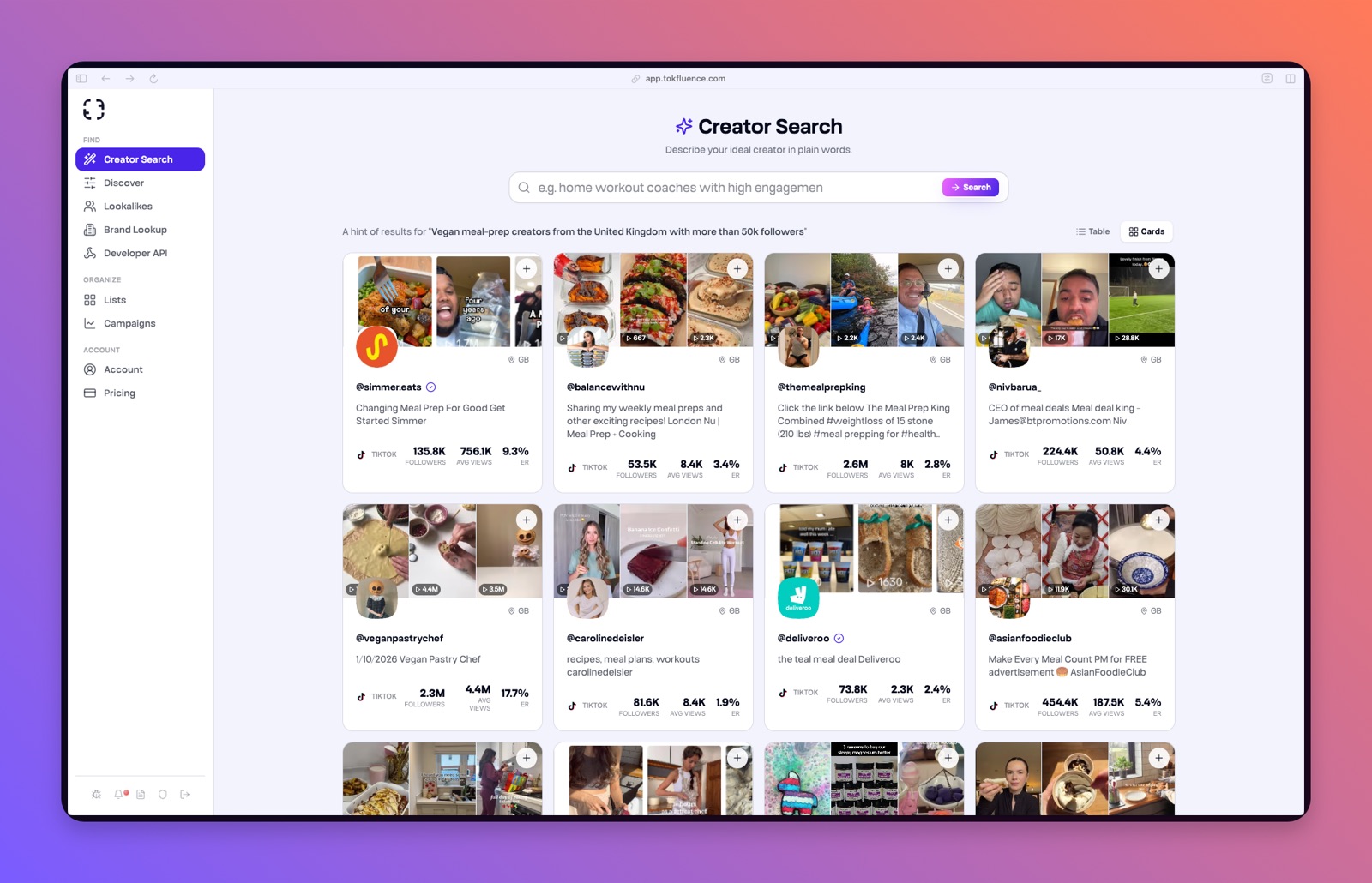Tokfluence Creator Search returning UK vegan meal-prep creators as cards with followers, average views and engagement rate