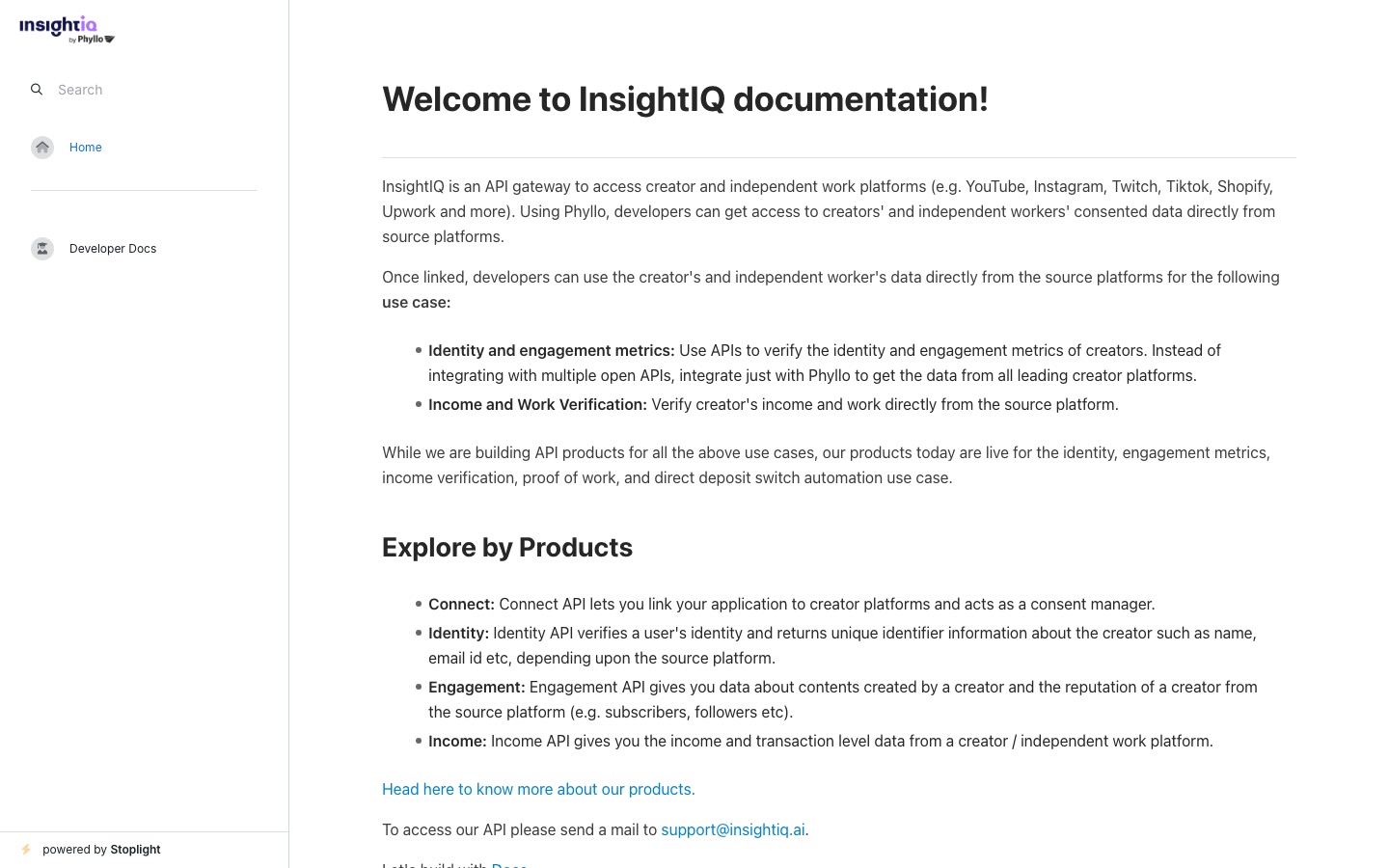 The InsightIQ developer documentation home, branded insightIQ by Phyllo, describing consented creator data and asking developers to email support for API access