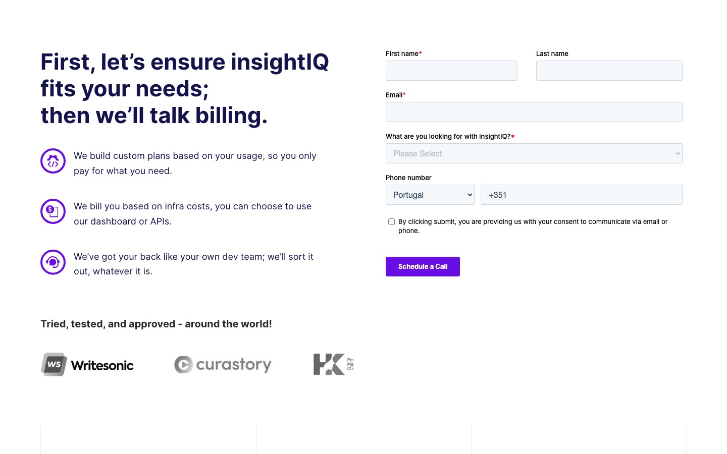 The InsightIQ pricing page, showing a Schedule a Call form and the line We bill you based on infra costs, with no plan prices